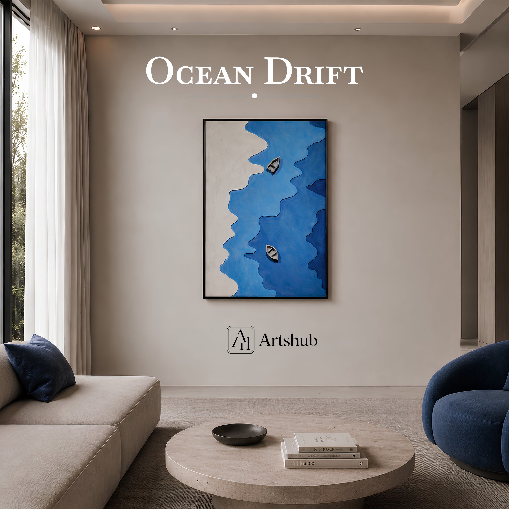 Artshub Ocean Drift – Coastal Blue Boats Vertical Canvas Wall Art