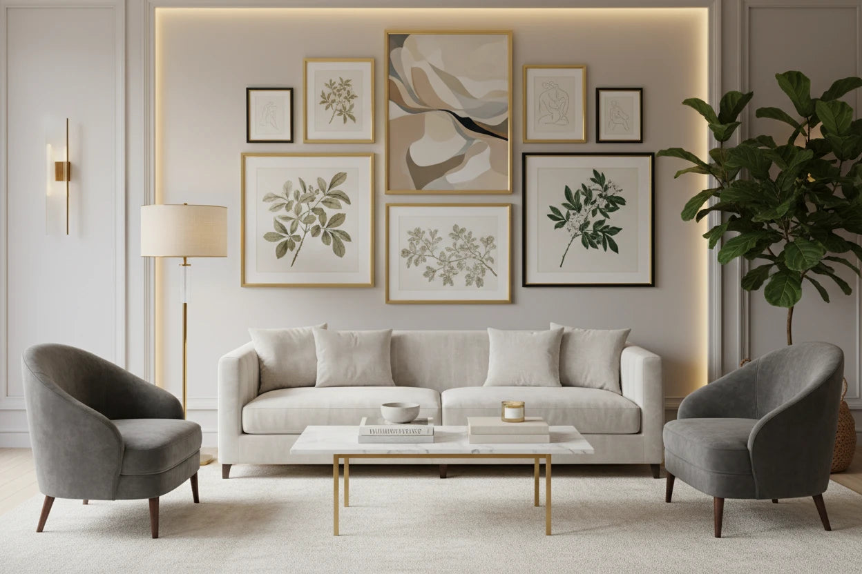 Modern living room with gray sofa, armchairs, and decorative wall art.